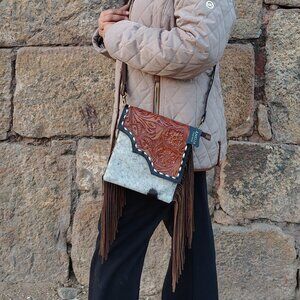 Western Fringe Purse, Tooled Cowhide Tote Bag with Detachable Crossbody Strap